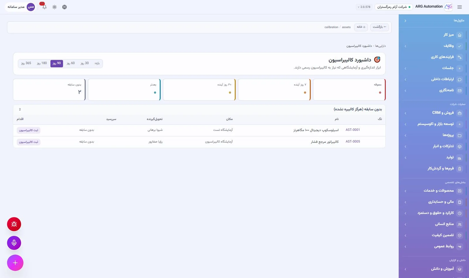 داشبورد کالیبراسیون