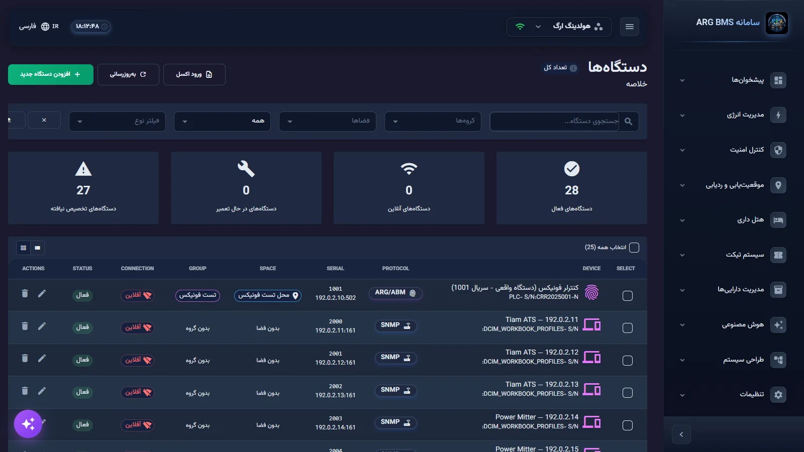 فیلتر وضعیت در صفحهٔ دستگاهها